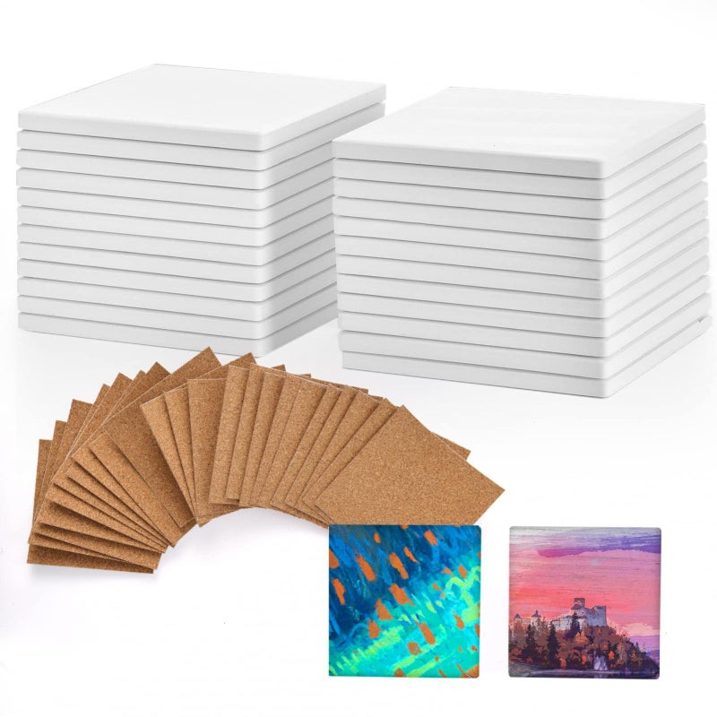 COYMOS 24 Pcs Ceramic Tiles for Crafts Ceramic Coasters for Crafts Blank White Unglazed Ceramic Tile for Painting Alcohol Ink Acrylic Pouring DIY Coaster Cork Backing Pads Included 4x4 inch