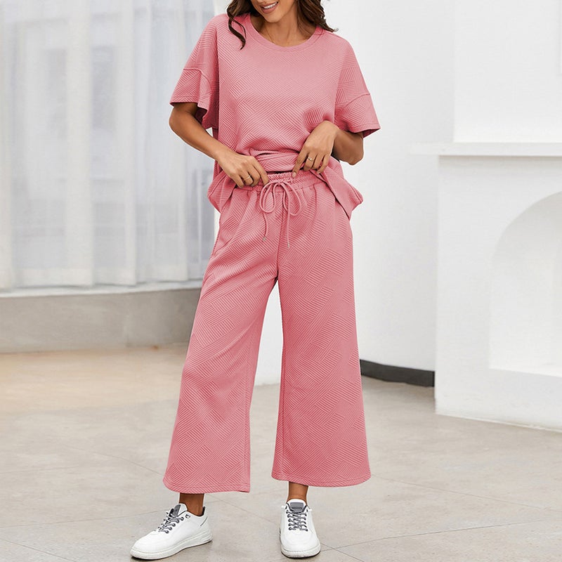 Q24S8523 cross-border European and American womens clothing Amazon summer fashion casual crew neck short sleeve pants two-piece set Pink