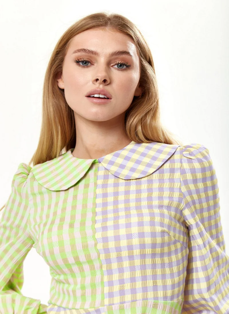 Liquorish Green Check Mini Dress With Collar