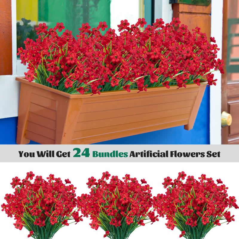 Lnoicy 24 Pcs Artificial Flowers for Outdoor,Plastic Flowers Decoration, UV Resistant Faux Flowers Shrubs, Artificial Plants for Indoor Outside Garden Home Wedding Farmhouse(Red) - Image 3