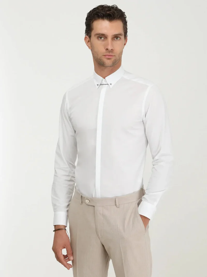 Kip White Plain Slim Fit Flat Cuff Classic Collar Tuxedo Shirts
