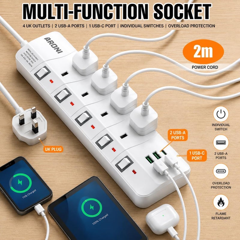 Aroni 4 Outlet Power Strip with 2 USB Ports, 13A 3250W Extension Board, Individual Switches, 2M Pure Copper Cable, Flame Retardant, Home & Office | توصيلة كهرباء | مشترك كهربائي - Image 2