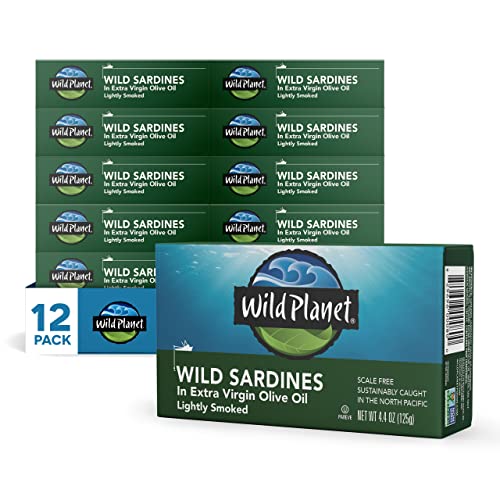 Wild Planet أسماك سردين برية من Wild Planet بزيت الزيتون البكر الممتاز مدخنة بخفة معلبة صيد بري مستدام غير معدل وراثياً كوشير خالية من الغلوتين 44 أوقية عبوة من 12 - Image 1