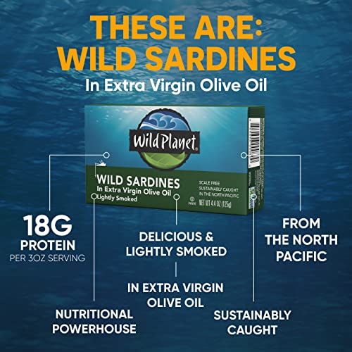 Wild Planet أسماك سردين برية من Wild Planet بزيت الزيتون البكر الممتاز مدخنة بخفة معلبة صيد بري مستدام غير معدل وراثياً كوشير خالية من الغلوتين 44 أوقية عبوة من 12 - Image 5