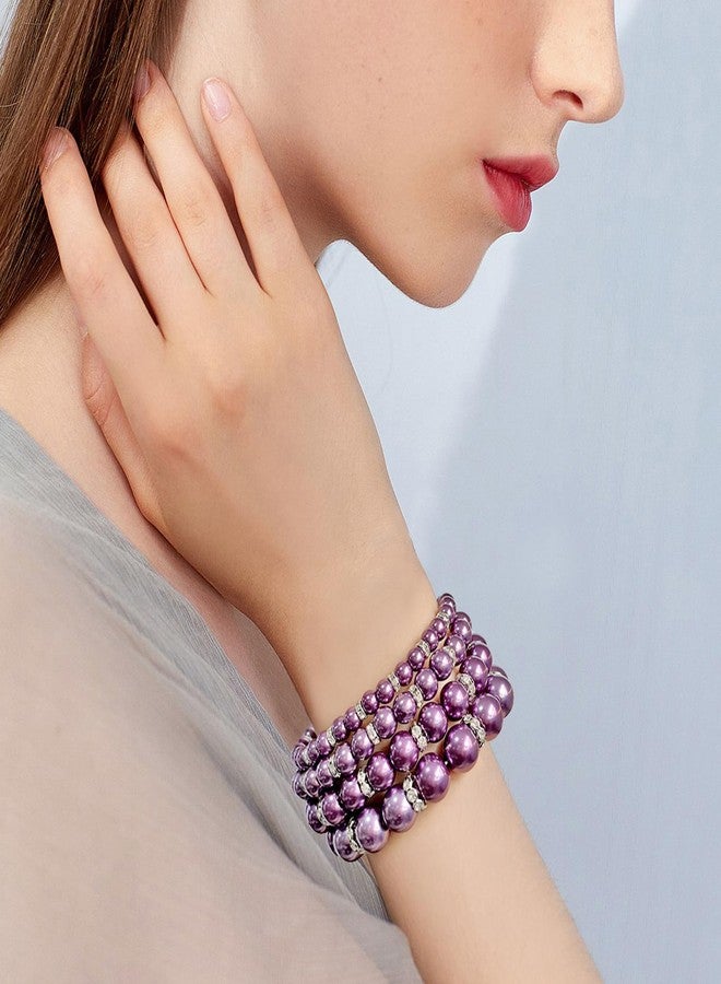 Coiris 4pcs Imitation Pearl Bracelets Crystal Women Multi Layer (BR1113-purple) - Image 5