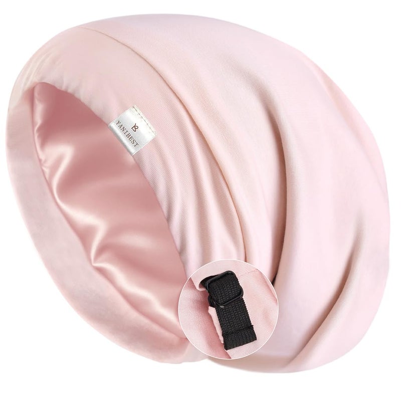 YANIBEST Silk Satin Bonnet Hair Wrap for Sleeping, Adjustable Slouchy Beanie for Women, Silk Lined for Curly Hair and Braids, Pink - Image 1