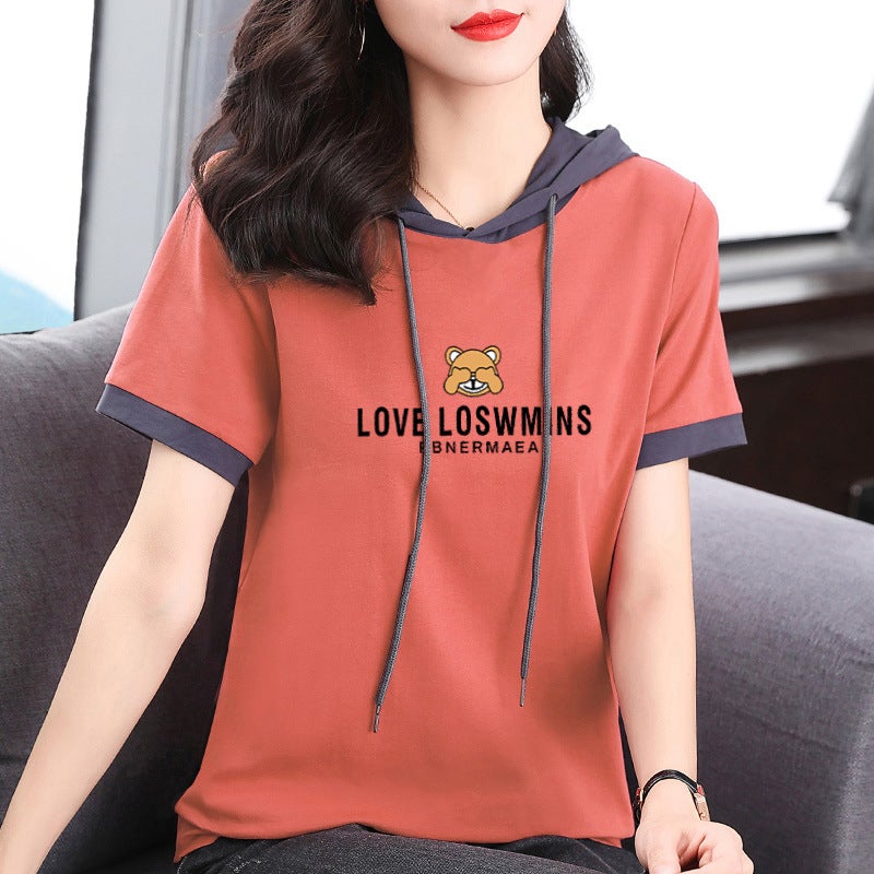 Pure Cotton Short-Sleeved T-Shirt For Women 2024 Summer Loose Slimming Thin Sweatshirt Fashionable Printed Hooded Base Shirt Round Neck - Image 2