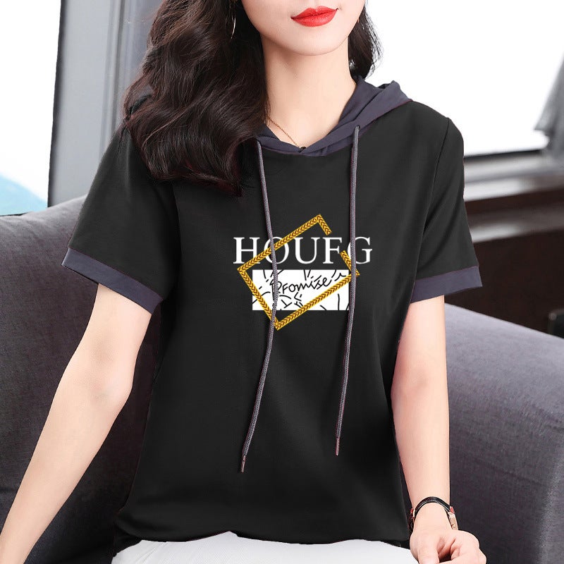 Pure Cotton Short-Sleeved T-Shirt For Women 2024 Summer Loose Slimming Thin Sweatshirt Fashionable Printed Hooded Base Shirt Round Neck - Image 3