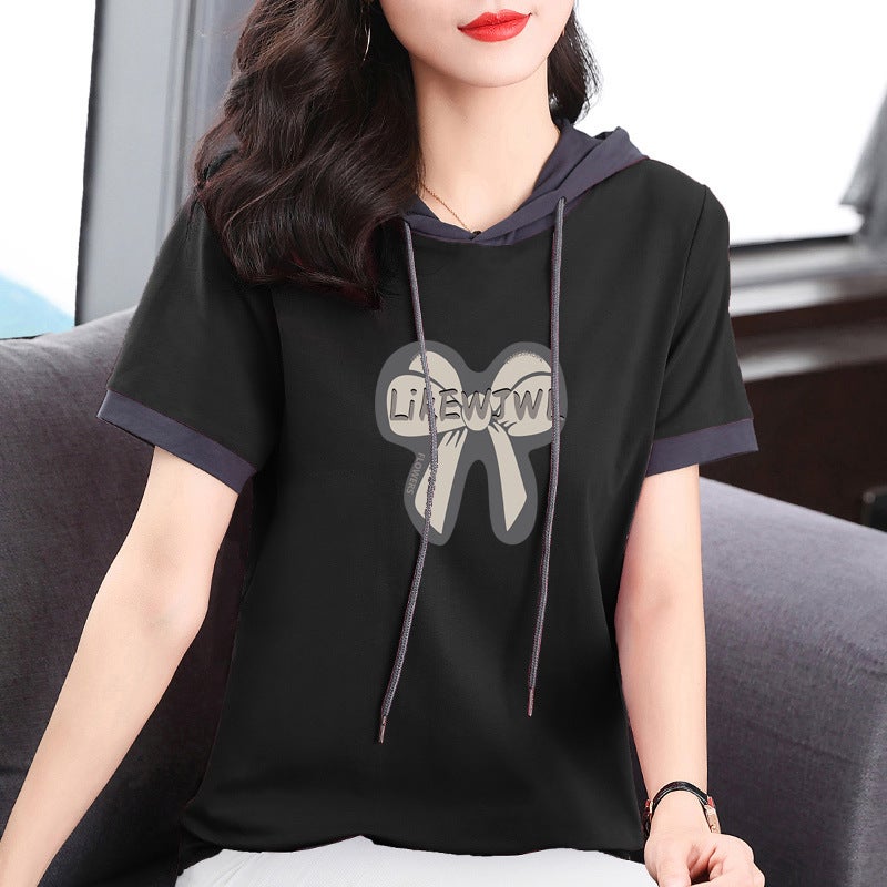 Pure Cotton Short-Sleeved T-Shirt For Women 2024 Summer Loose Slimming Thin Sweatshirt Fashionable Printed Hooded Base Shirt Round Neck - Image 1
