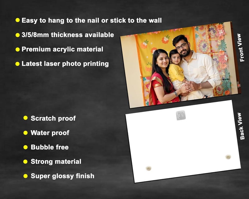ARKID - Customized Acrylic Photo Frame for Wall (Size: 12x8 inch 5mm) Personalized Clear Acrylic Wall Mount Frameless Picture Photo | Photo Frame for Birthday, Special Moment, Family - Image 2