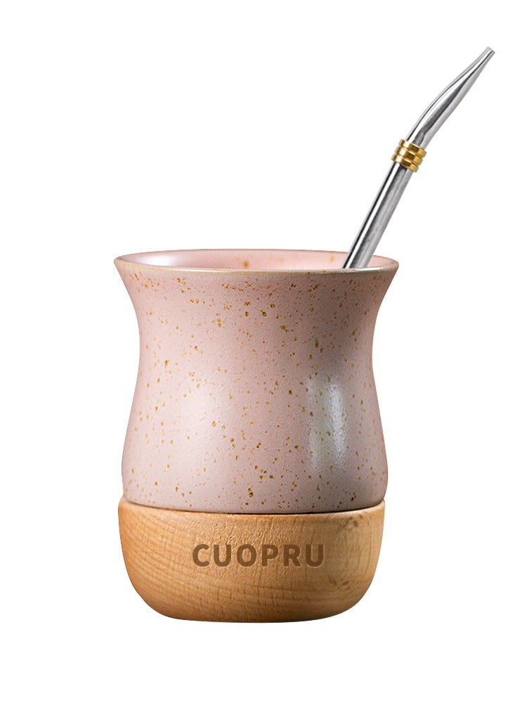 كوبرو كوب سيراميك على قاعدة خشبية مع فرشاة قش، كوب شاي ماتي، كوب قهوة - Image 1