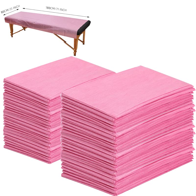100 PCS Disposable Massage Table Sheets Non Woven Fabric SPA Bed Cover Breathable Polypropylene 31 x 70 Thin Not WaterproofPink