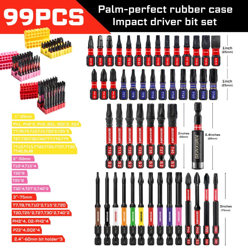 Geinxurn Impact Screwdriver Bits Set, 99 Pieces 1â€/2â€Multi Head Magnetic S2 Steel Driver Bits PH/SQ/Torx/Slotted/Pozi/Security Torx With Soft Base - Image 2
