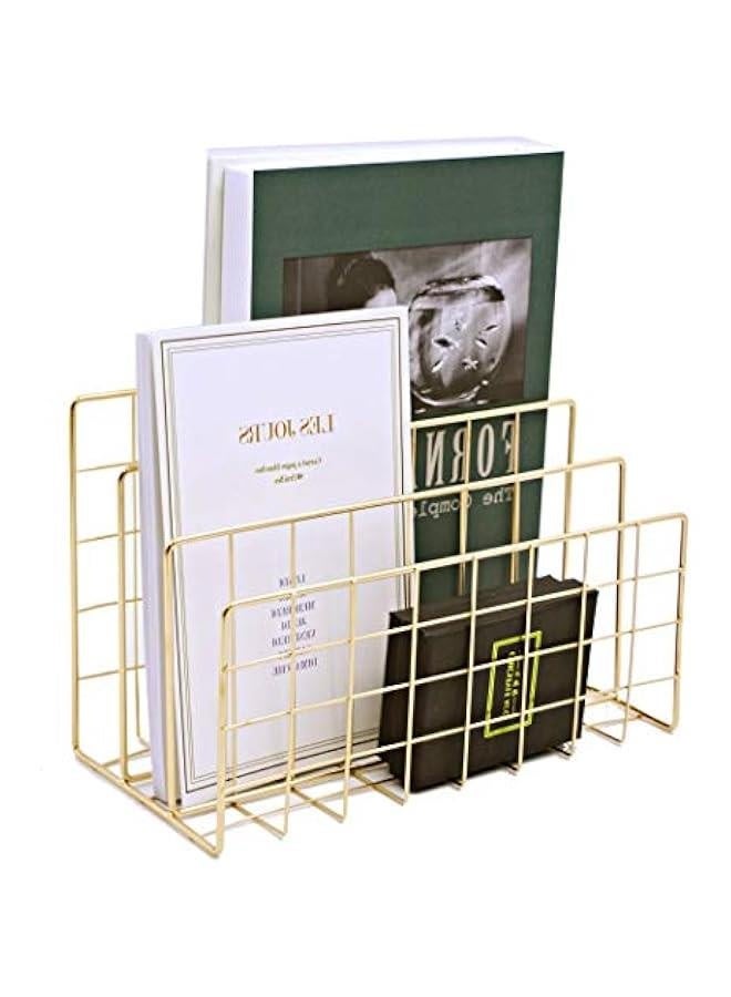Magazine Holder,Desktop Letter Sorter, Organizer Rack for Home Office Mails Books Files Brochures Postcards Makeups and More, 3 Slot(Gold) - Image 1