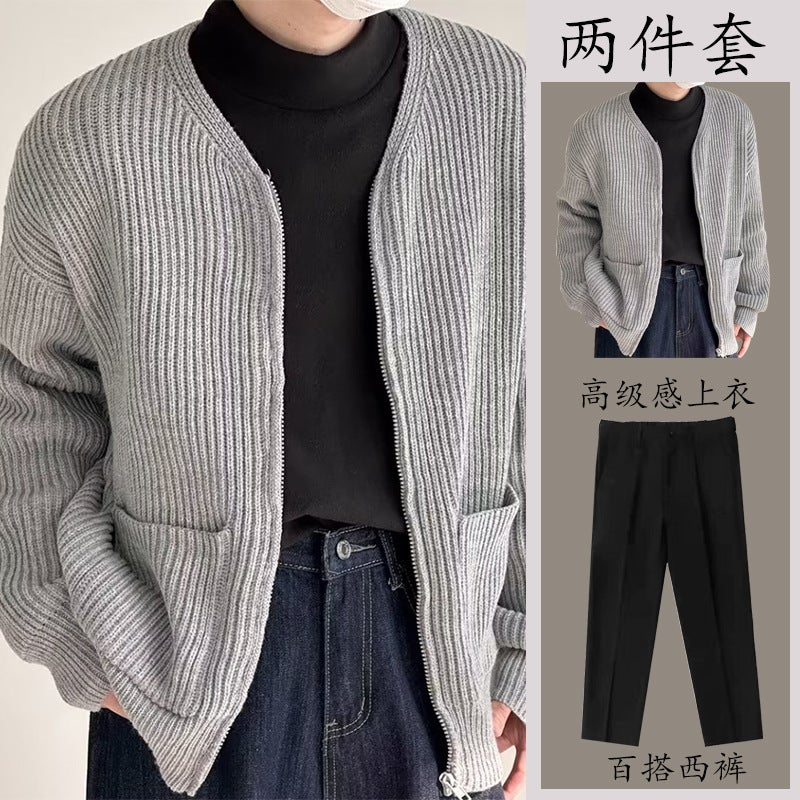 Mens Knit Zip-Up Cardigan  Casual Pants Set 3106m white - Image 2