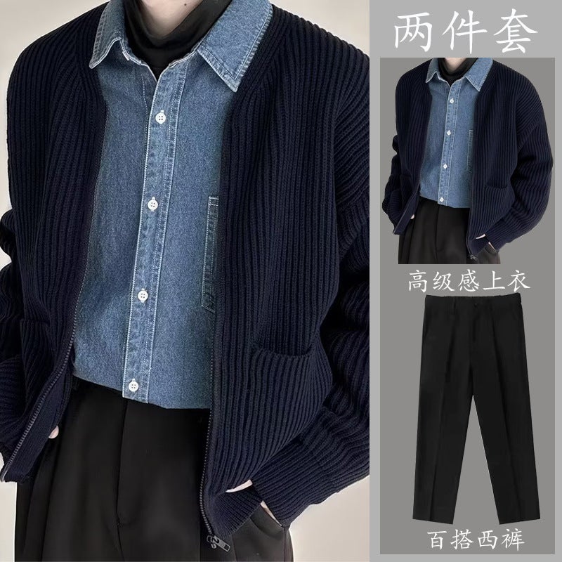 Mens Knit Zip-Up Cardigan  Casual Pants Set 3106m white - Image 4