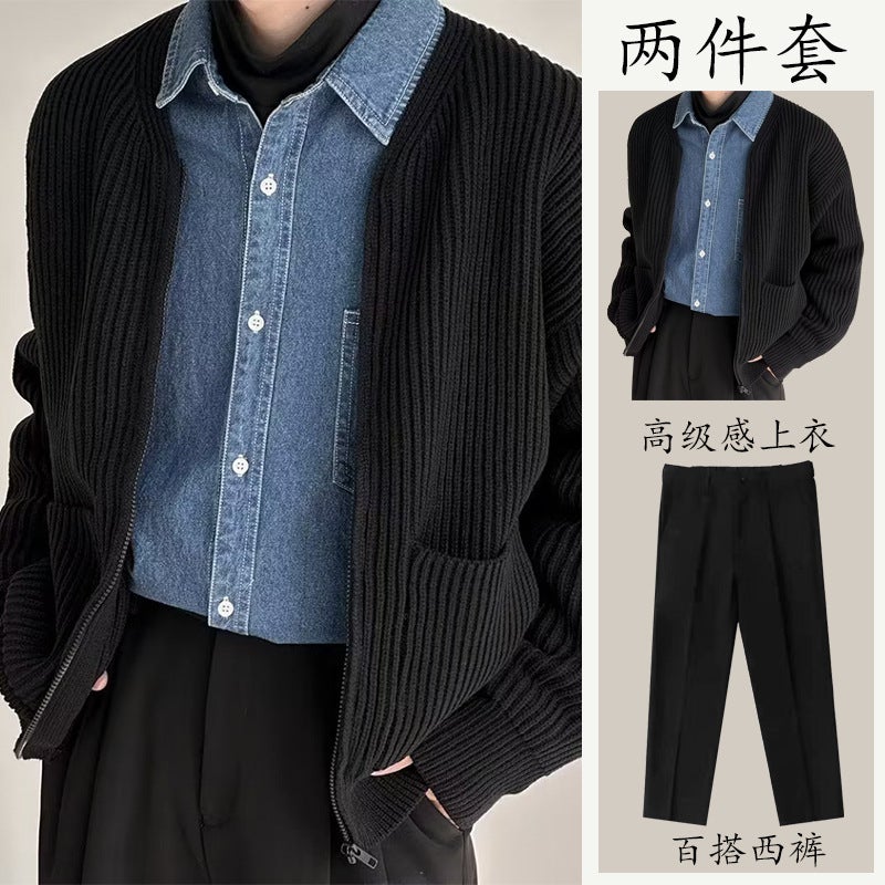 Mens Knit Zip-Up Cardigan  Casual Pants Set 3106m white - Image 3