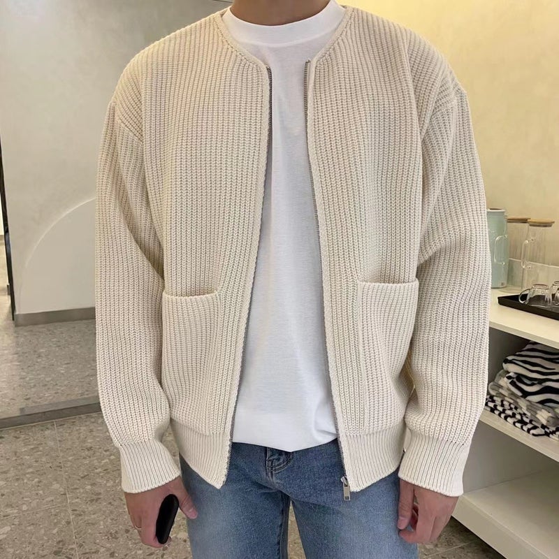 Mens Knit Zip-Up Cardigan  Casual Pants Set 3106m white - Image 1