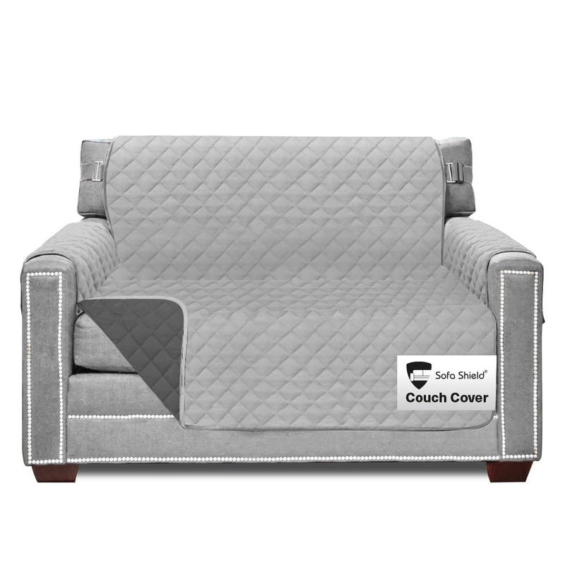 Sofa Shield Armchair Slip Cover with Patented Strap, Cushion Protector, US Designed Reversible Stain and Dog Tear Resistant Slipcover, 48 inch Seat, Washable Covers for Dogs Pets, Light Gray Charcoal - Image 1