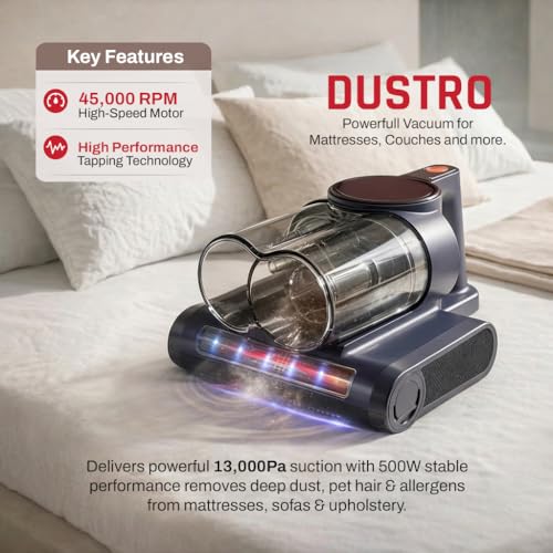 DOMESTICA Dustro Bed Vacuum Cleaner for Home | 13 KPA Suction, Smart Dust Sensor for Mattress, Sofa | Ultrasonic Waves, UV-C Light, 60°C Hot Air | 45,000 RPM | HEPA Filter for Dust Mites, Pet Hair - Image 2