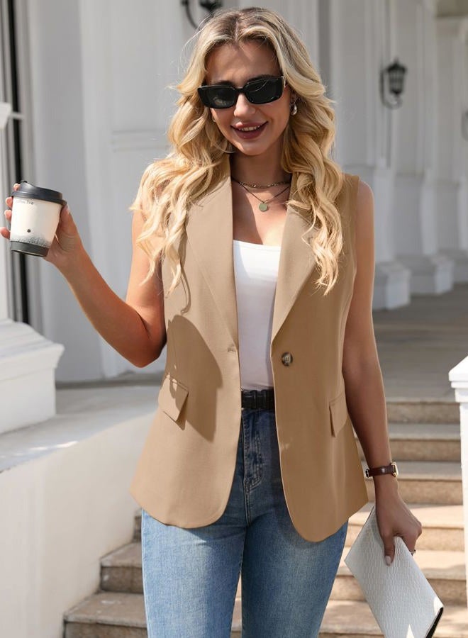 Mina Self 2025 Winter Women's Sleeveless Vest Blazer - Fully Lined Warm Fashion Casual Work Office Outerwear with Pockets, 1-khaki, XXL - Image 2
