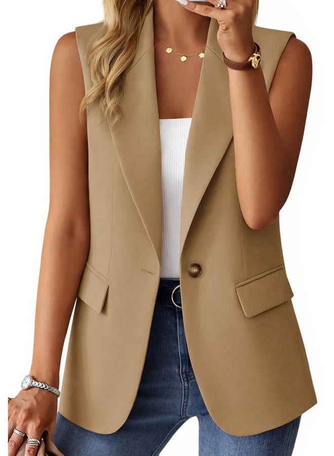 Mina Self 2025 Winter Women's Sleeveless Vest Blazer - Fully Lined Warm Fashion Casual Work Office Outerwear with Pockets, 1-khaki, XXL - Image 1