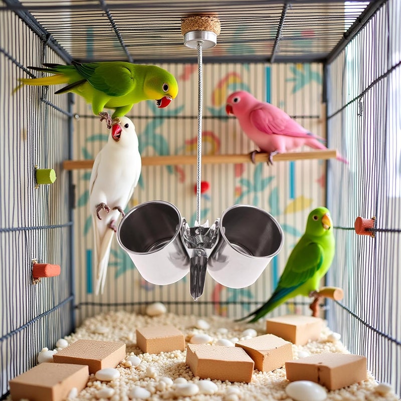 Jizlan Silver Parrot Feeding Cups Hanging Pet Animal Stainless Steel Birdcage Bowls Bird Bowls for Cage Parakeet Bird Cage Accessories Suitable Small Medium Bird Pet Supplies - Image 2
