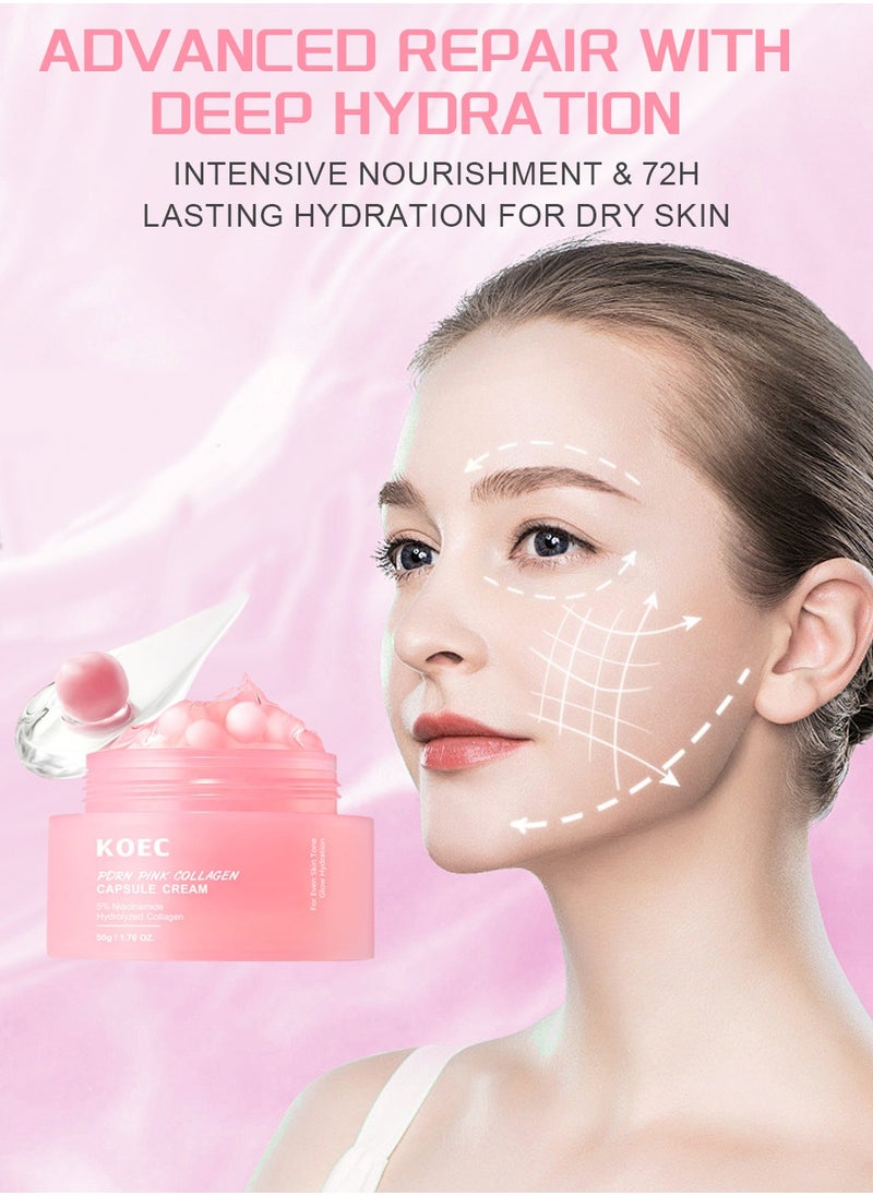 Pink Collagen Capsule Cream, Face Moisturizer - Lightweight Moisturizing Cream, Niacinamide for Uneven Skin Tone, Glow hydration,50g