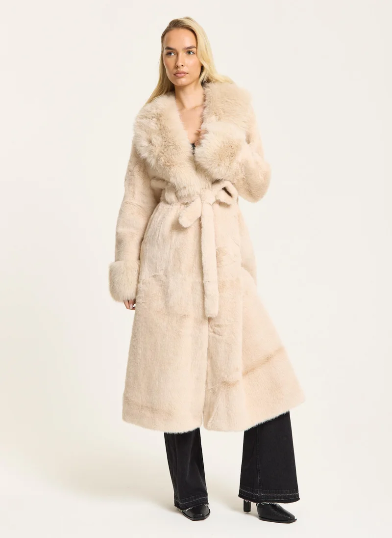Liquorish Beige Longline Faux Fur Coat