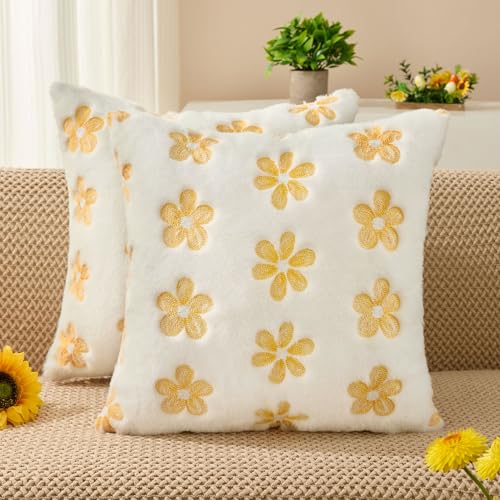 DFXSZ Spring Summer Pillow Covers 18x18 inch Set of 2 Farmhouse Decor Yellow Embroidery Daisy White Soft Plush Faux Fur Jacquard Throw Pillows for Sofa Holiday Spring Home Decor PTK081A18 - Image 1