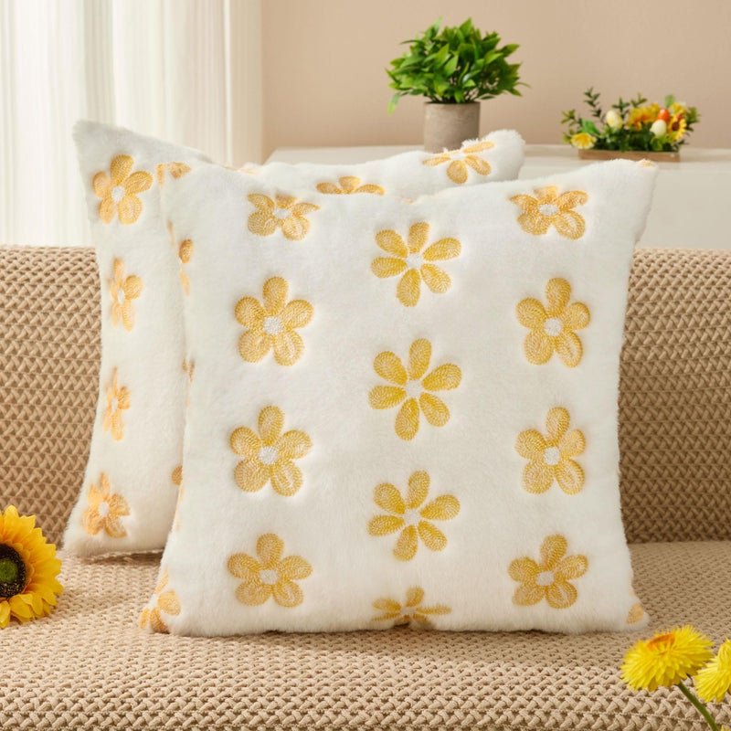 DFXSZ Spring Summer Pillow Covers 18x18 inch Set of 2 Farmhouse Decor Yellow Embroidery Daisy White Soft Plush Faux Fur Jacquard Throw Pillows for Sofa Holiday Spring Home Decor PTK081A18 - Image 2