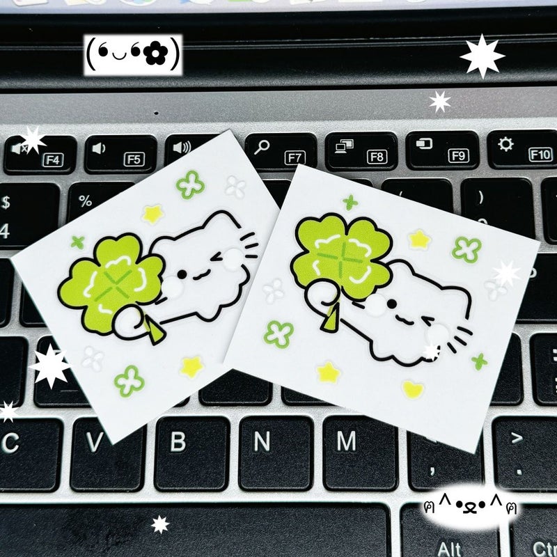 1pc Green Clover Cat Sticker Matte Decorative Laptop Sticker Kawaii Design - Image 4