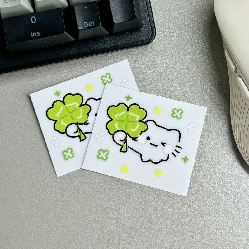 1pc Green Clover Cat Sticker Matte Decorative Laptop Sticker Kawaii Design - Image 3