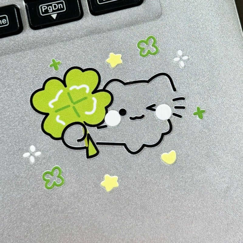 1pc Green Clover Cat Sticker Matte Decorative Laptop Sticker Kawaii Design - Image 2