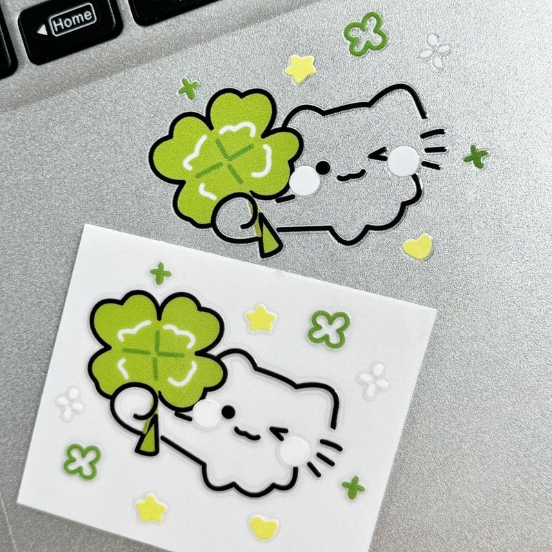 1pc Green Clover Cat Sticker Matte Decorative Laptop Sticker Kawaii Design - Image 1