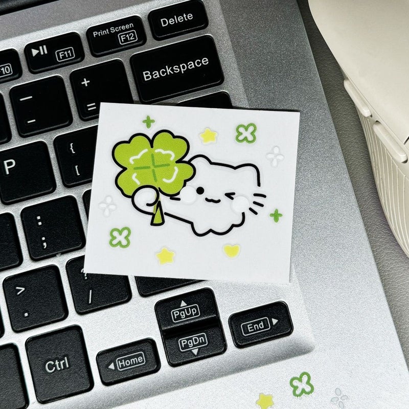 1pc Green Clover Cat Sticker Matte Decorative Laptop Sticker Kawaii Design - Image 5