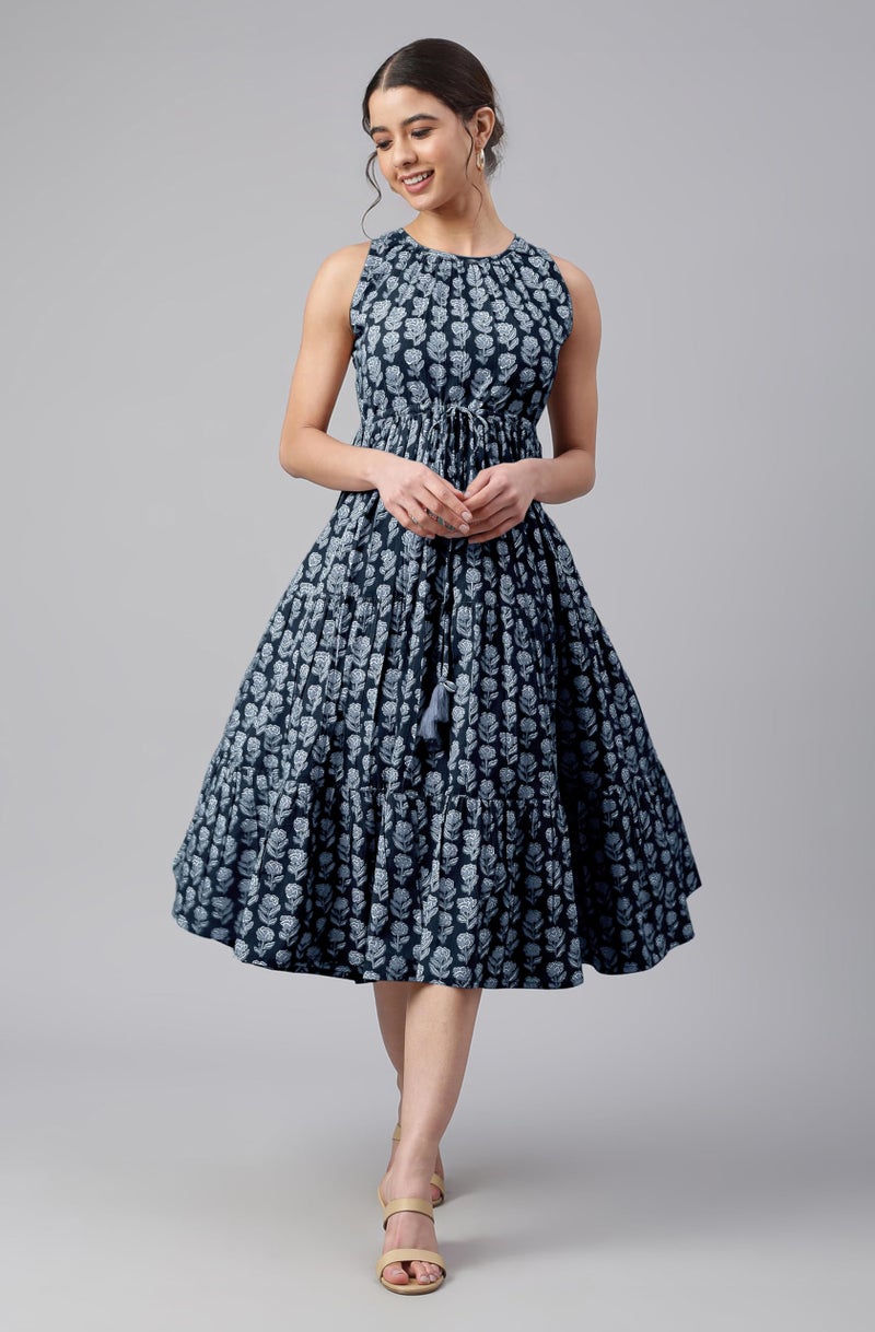 Janasya Women's Black Pure Cotton Floral Printed Tiered Dress (JAC24DR01524-3XL) - Image 2