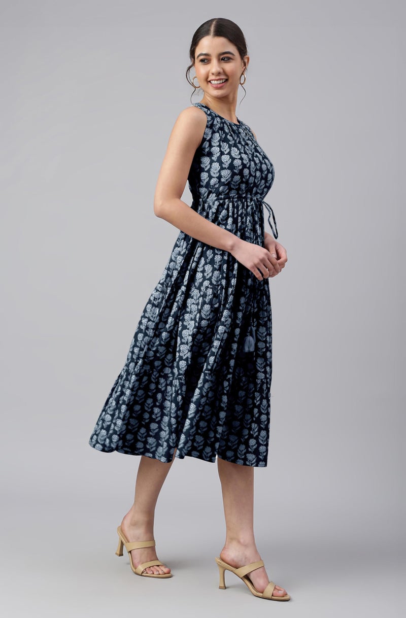 Janasya Women's Black Pure Cotton Floral Printed Tiered Dress (JAC24DR01524-3XL) - Image 4
