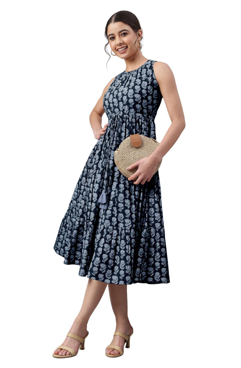 Janasya Women's Black Pure Cotton Floral Printed Tiered Dress (JAC24DR01524-3XL) - Image 1