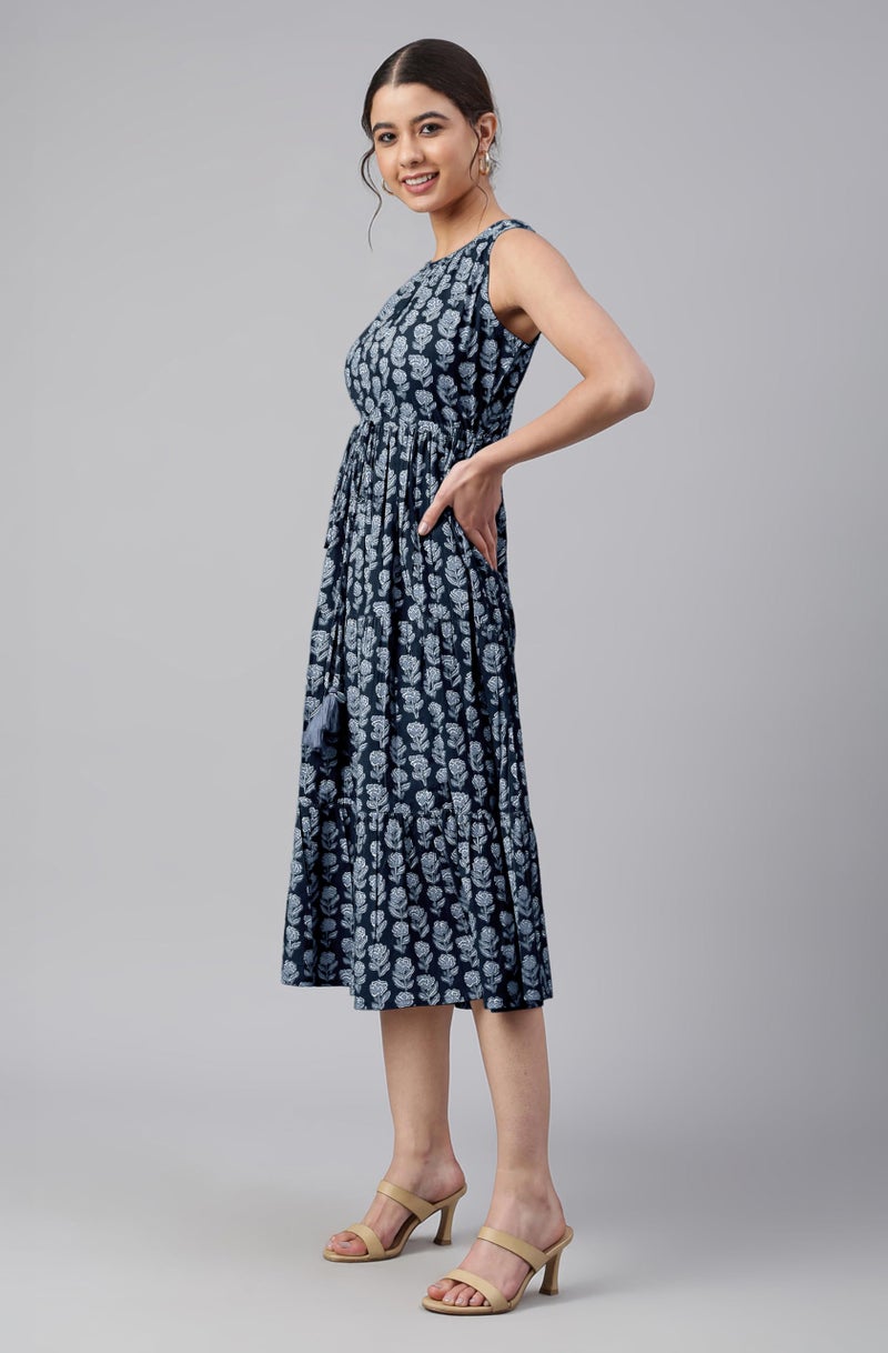 Janasya Women's Black Pure Cotton Floral Printed Tiered Dress (JAC24DR01524-3XL) - Image 3