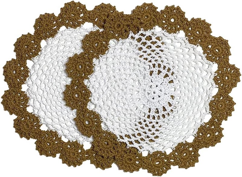 Fennco Styles Fennco Styles Handmade TwoTone Floral Crochet Tray Doilies 9 Round 2Piece  Mocha Cloth Placemats for Everyday Use Holidays Home Dcor Cocktail Party Tea Party Special Occasion - Image 2