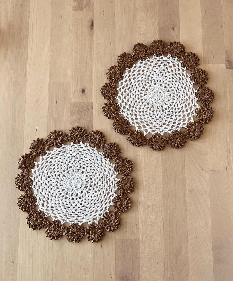 Fennco Styles Fennco Styles Handmade TwoTone Floral Crochet Tray Doilies 9 Round 2Piece  Mocha Cloth Placemats for Everyday Use Holidays Home Dcor Cocktail Party Tea Party Special Occasion - Image 1