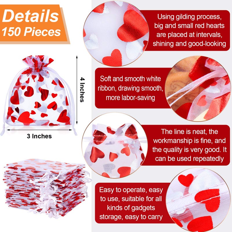 Shappy Valentineâ€˜s Day Organza Bags Heart Candy Jewelry Pouches 3 x 4 Inch Pouch Drawstring Bags for Jewelry Packaging Valentineâ€˜s Day Wedding Festival Party Supply(150 Pieces) - Image 2