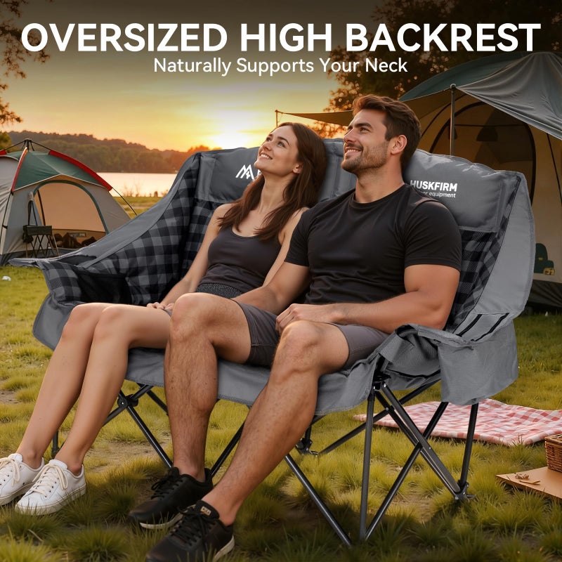 Huskfirm Padded Double Camping Chair High Back 2 Person Camping Chair Oversized Camping Loveseat Support 800LBS Heavy Duty Camping Couch with Cup Holders, Cooler, Carry Bag, Blue - Image 2