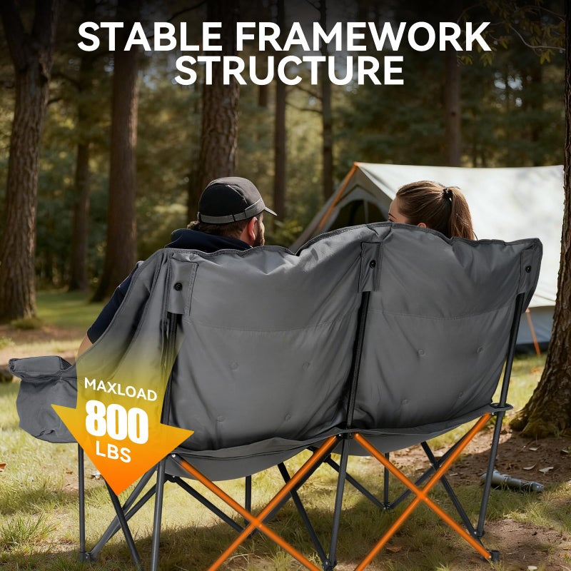 Huskfirm Padded Double Camping Chair High Back 2 Person Camping Chair Oversized Camping Loveseat Support 800LBS Heavy Duty Camping Couch with Cup Holders, Cooler, Carry Bag, Blue - Image 5