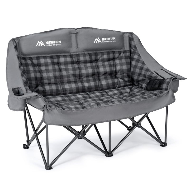 Huskfirm Padded Double Camping Chair High Back 2 Person Camping Chair Oversized Camping Loveseat Support 800LBS Heavy Duty Camping Couch with Cup Holders, Cooler, Carry Bag, Blue - Image 1