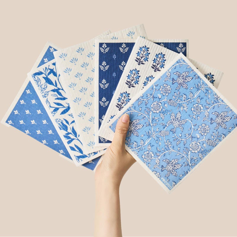 RECYCO Swedish Dishcloths for Kitchen | 6 Pack Heritage Florals Blue Washable Dish Rags | Cellulose Reusable Cleaning Paper Towels | Absorbent Counter Dish Cloth Sponge Kitchen Wipes, 8" L x 7" W - Image 1