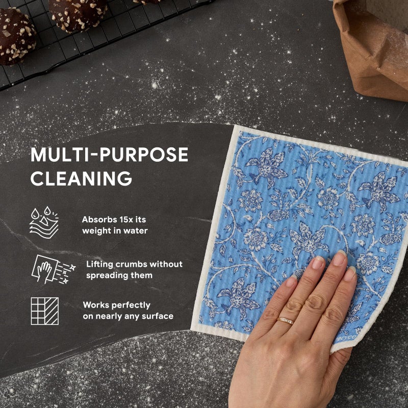 RECYCO Swedish Dishcloths for Kitchen | 6 Pack Heritage Florals Blue Washable Dish Rags | Cellulose Reusable Cleaning Paper Towels | Absorbent Counter Dish Cloth Sponge Kitchen Wipes, 8" L x 7" W - Image 4