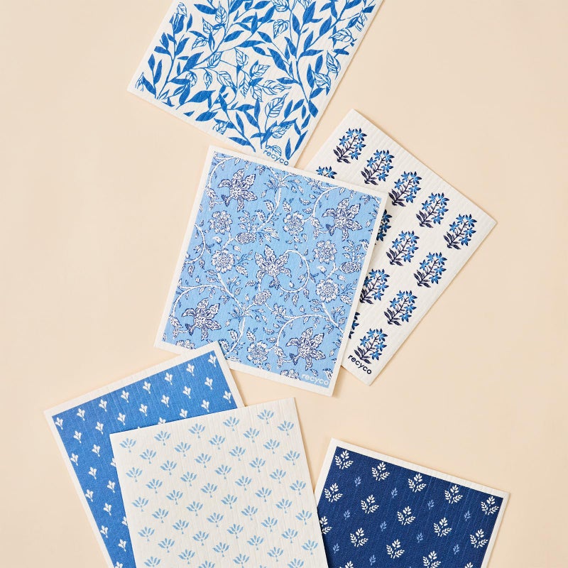 RECYCO Swedish Dishcloths for Kitchen | 6 Pack Heritage Florals Blue Washable Dish Rags | Cellulose Reusable Cleaning Paper Towels | Absorbent Counter Dish Cloth Sponge Kitchen Wipes, 8" L x 7" W - Image 2