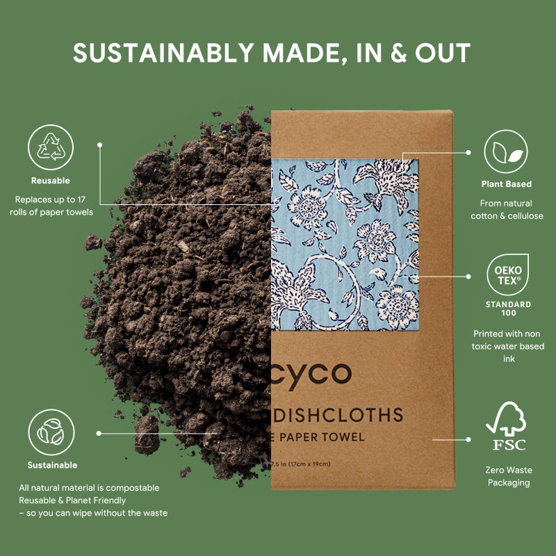 RECYCO Swedish Dishcloths for Kitchen | 6 Pack Heritage Florals Blue Washable Dish Rags | Cellulose Reusable Cleaning Paper Towels | Absorbent Counter Dish Cloth Sponge Kitchen Wipes, 8" L x 7" W - Image 3